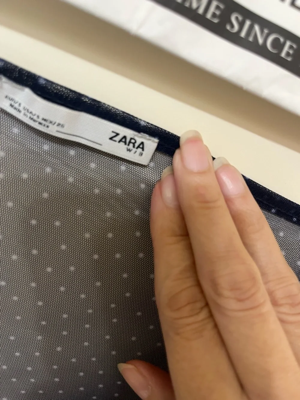 Zara Sheer Navy Polka Dot Puff-Sleeve Top. Small